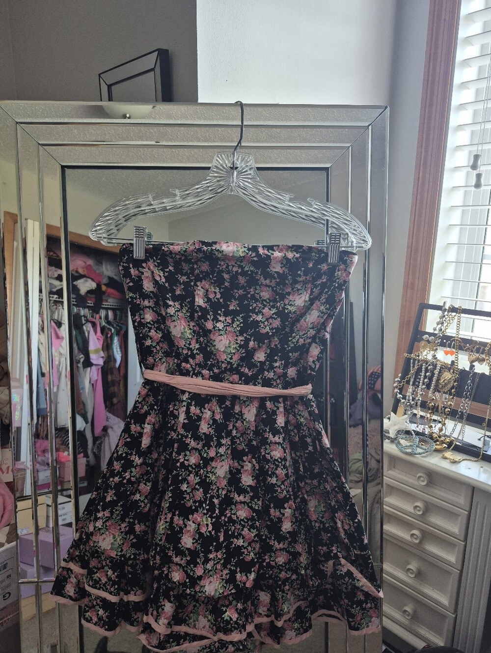 Black Floral Strapless Skater Dress with Pink Trim